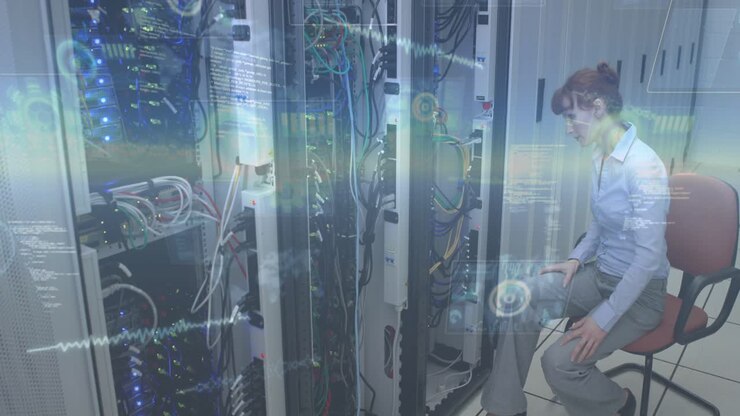 IT technician noticing blinking LEDs, leaning and checking rack cables while HUD scrolling