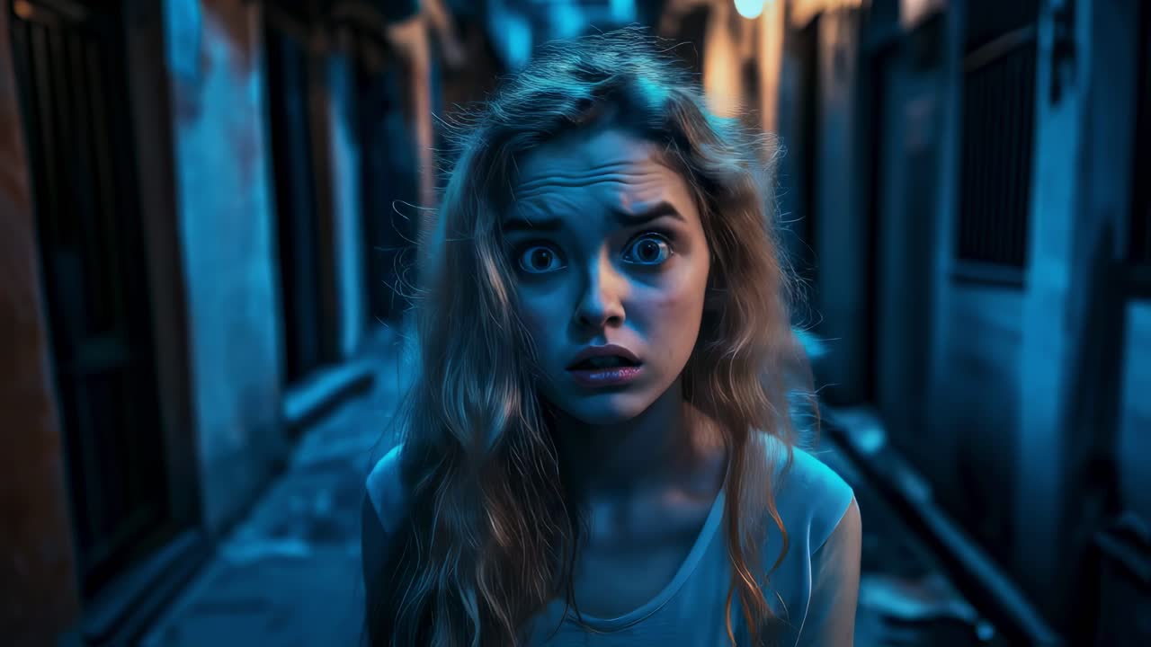 Young woman looks terrified and anxious while standing in a dimly lit narrow alley. Her expressions shift from surprise to fear and uncertainty