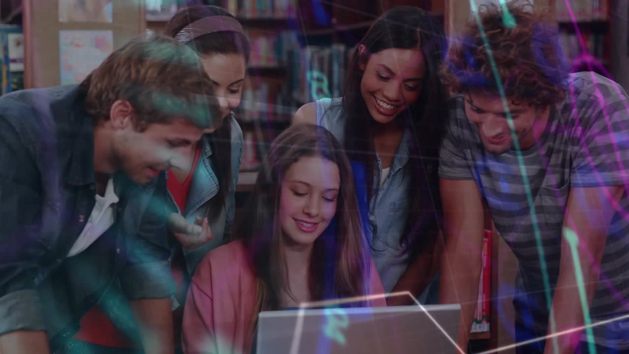 Seated student tapping laptop and group leaning, sparking neon HUD overlaying faces for education
