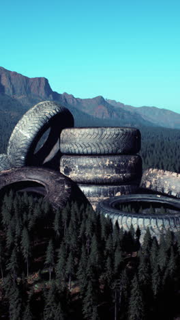 tires stacked in a forest