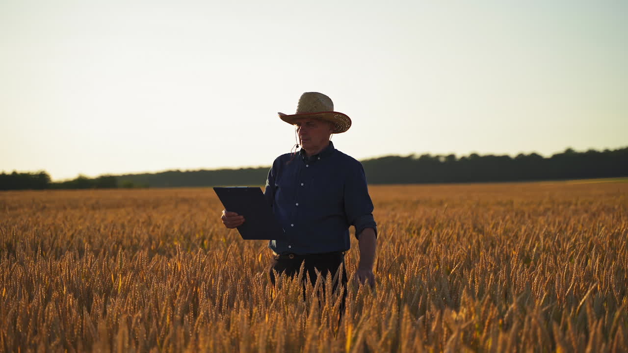 Farmer examines crop on field. Elderly caucasian male farmer is touching ears of wheat in field at sunset and looking in folder. Agriculture concept.