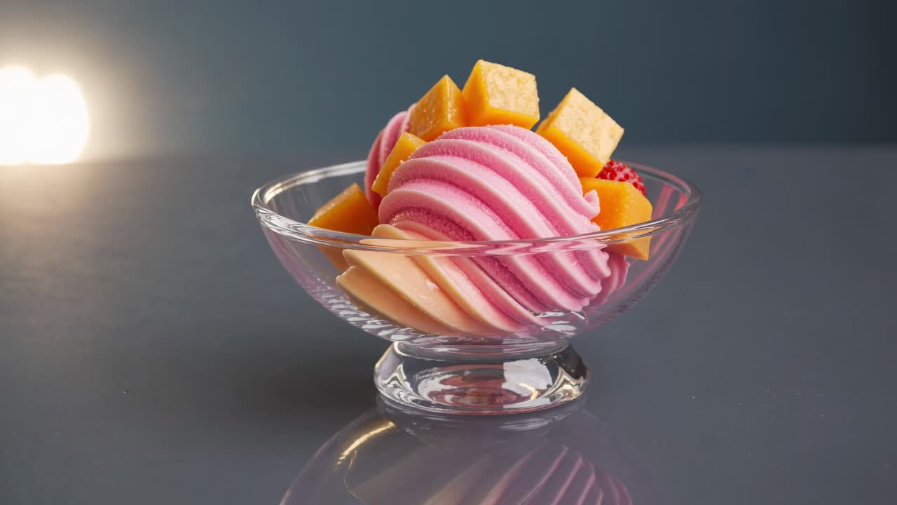 Pink and yellow frozen sherbet dessert is being served in a glass bowl with diced mango and strawberry pieces on top, creating a refreshing and colorful treat