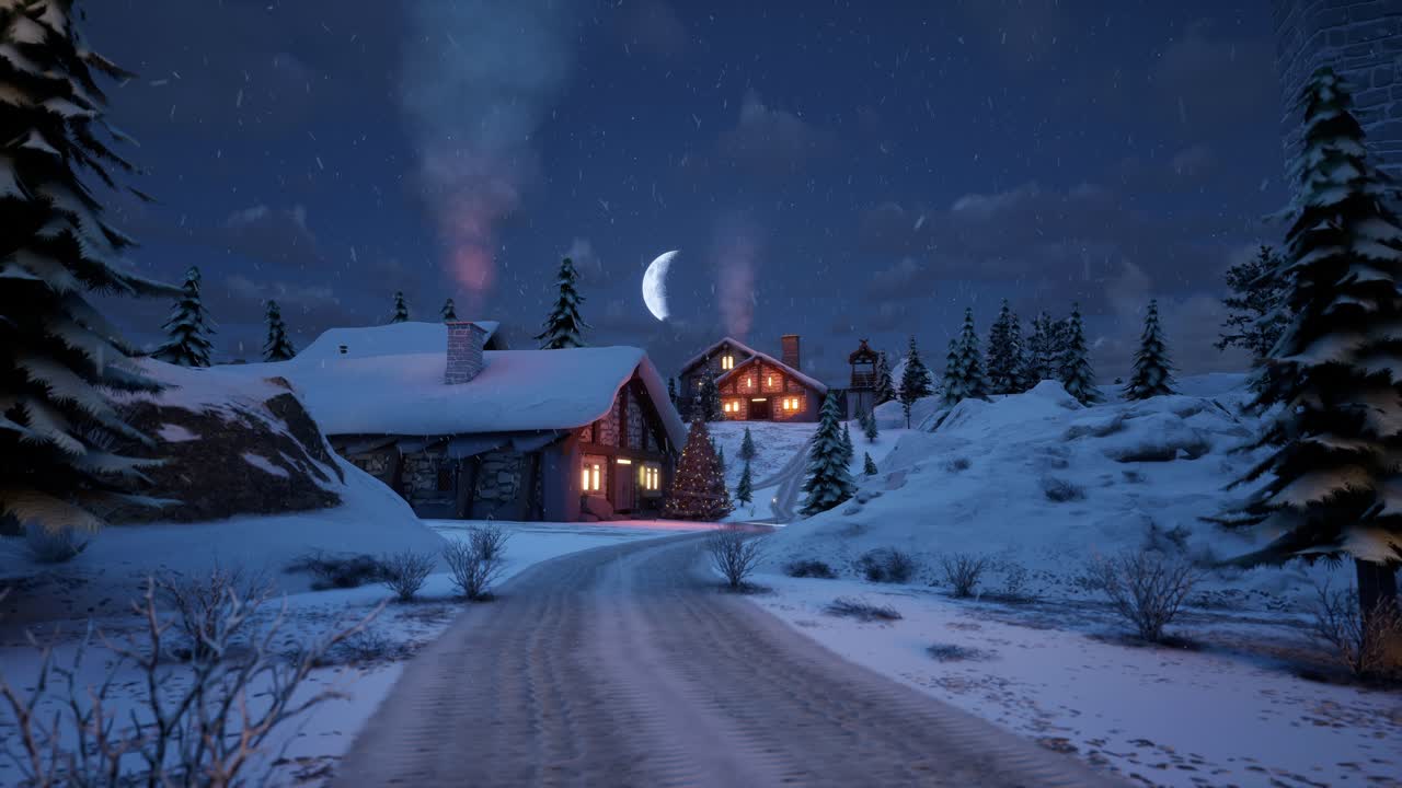House In Middle Of Snowy Trees, Winter Blue Hour, Snow Falling