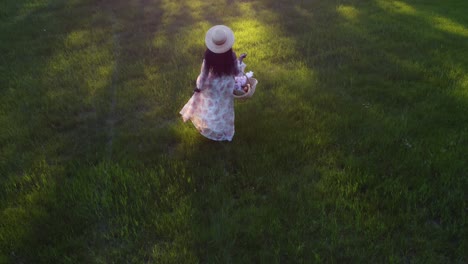 black woman with basket walking in park with flare drone followed