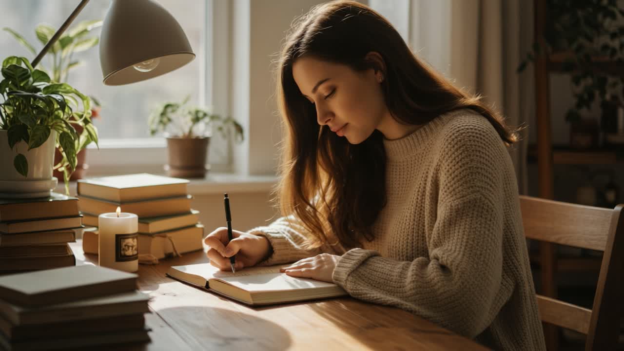 A Serene Study Session: Capturing a Young Woman Engrossed in Writing at a Sunlit Table Surrounded by Books and a Gentle Ambiance
