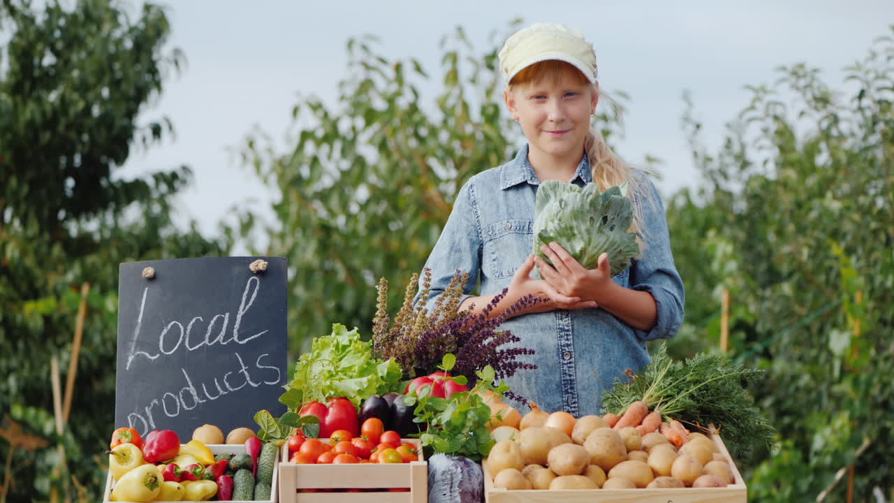 портрет ребенка-фермера с капустой в руках за прилавком фермерского рынка