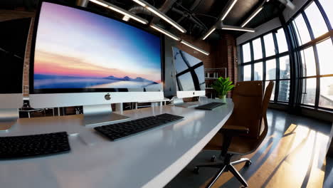 modern open-plan office space with apple imac workstations and city views