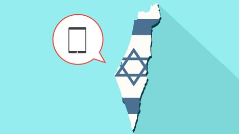 animation of a long shadow israel map with its flag and a comic balloon with tablet computer