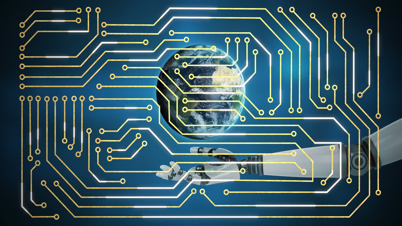 로 ⁇ 의 지구와 팔 위의 집적 회로의 애니메이션