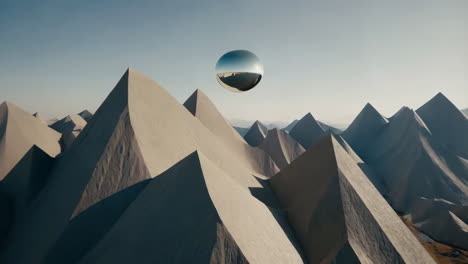 reflective sphere floating over geometric mountain landscape