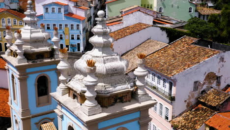 Aerial-view-of-a-top-of-a-church-close-to-Pelourinho,-Salvador,-Bahia,-Brazil