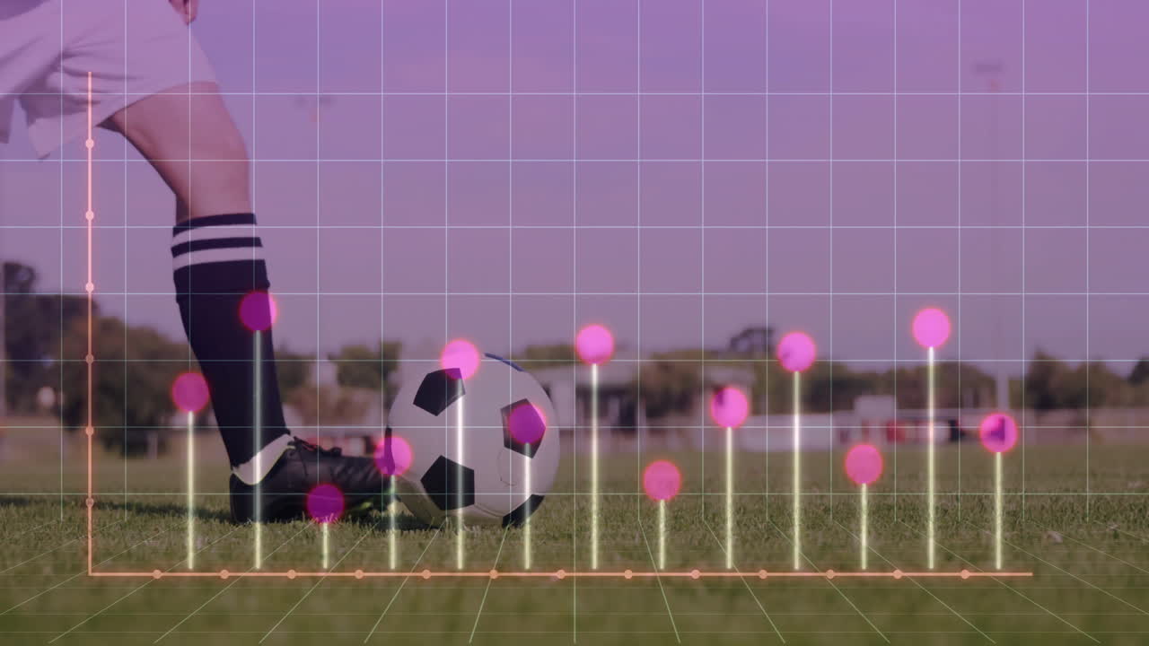 Female soccer player standing on grass field, featuring holographic grid and neon analytics bars
