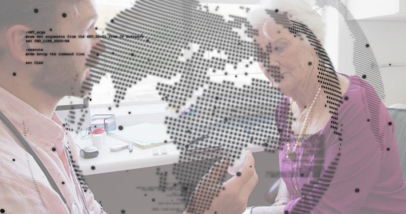 Physician reaching for desk model and rotating 3D device while educating patient in consultation