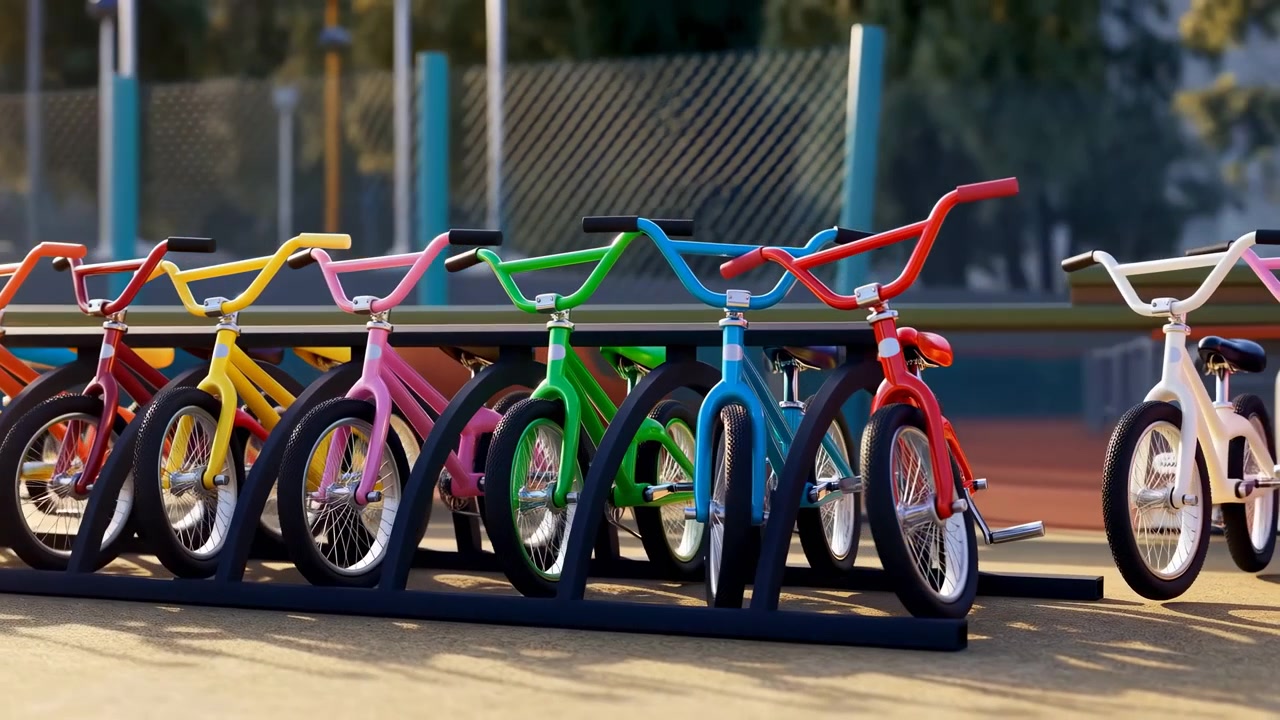明るい日差しの下、フェンスの横の駐輪ラックに整然と並べられたカラフルな子供用自転車が中央に映し出されている。