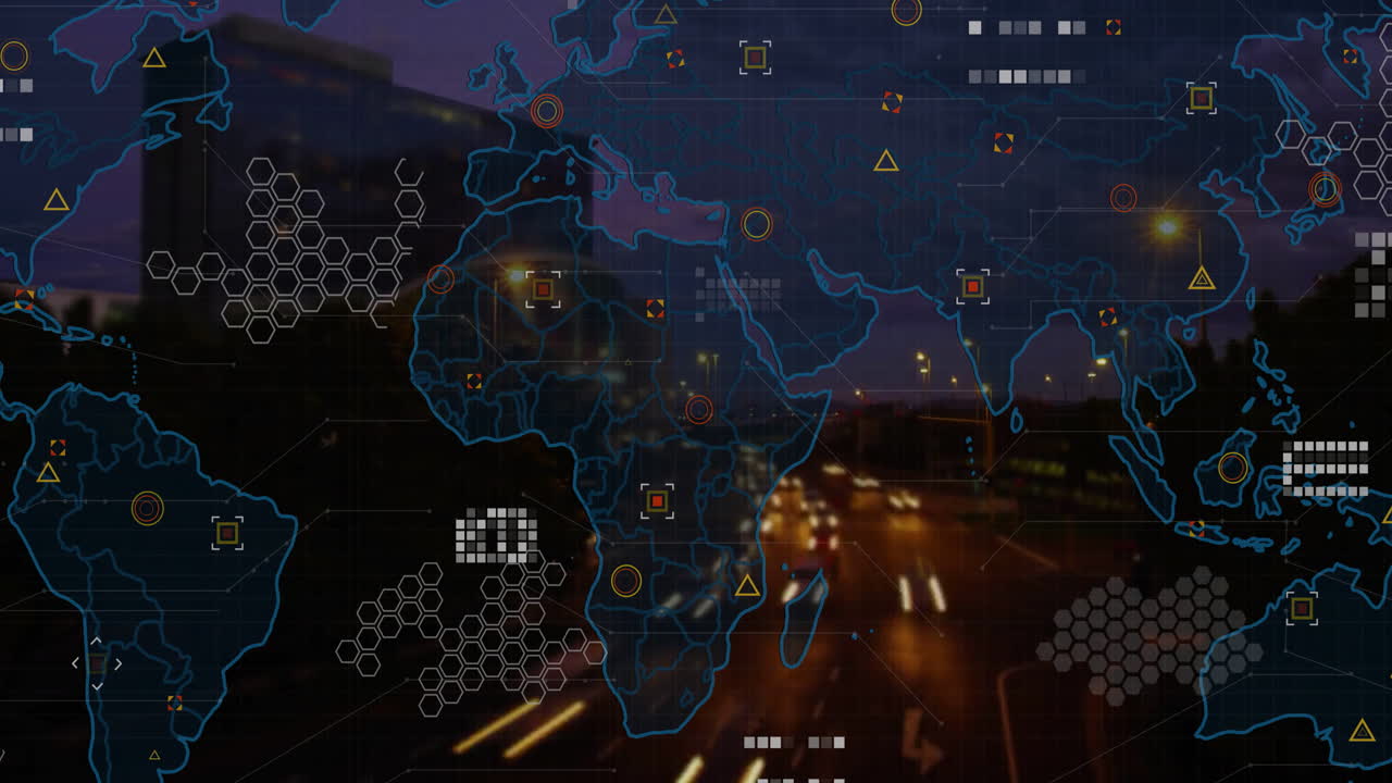 Animation of world map, data processing over cityscape