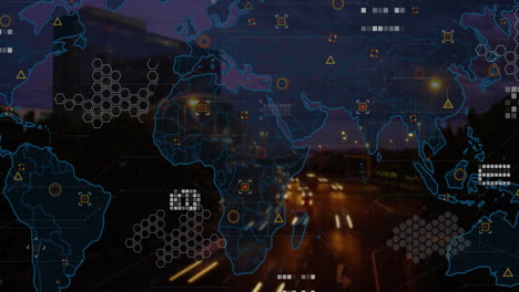 Animación-Del-Mapa-Mundial,-Procesamiento-De-Datos-Sobre-El-Paisaje-Urbano