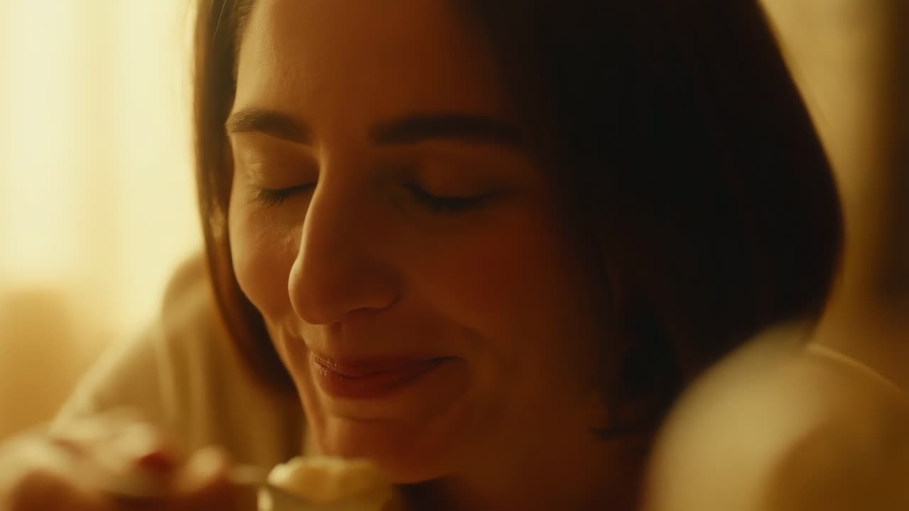 Mujer Blanca Saboreando Postre con Cuchara, Retrato Suave de Cerca con Contraluz Dorado Cálido Mostrando Satisfacción