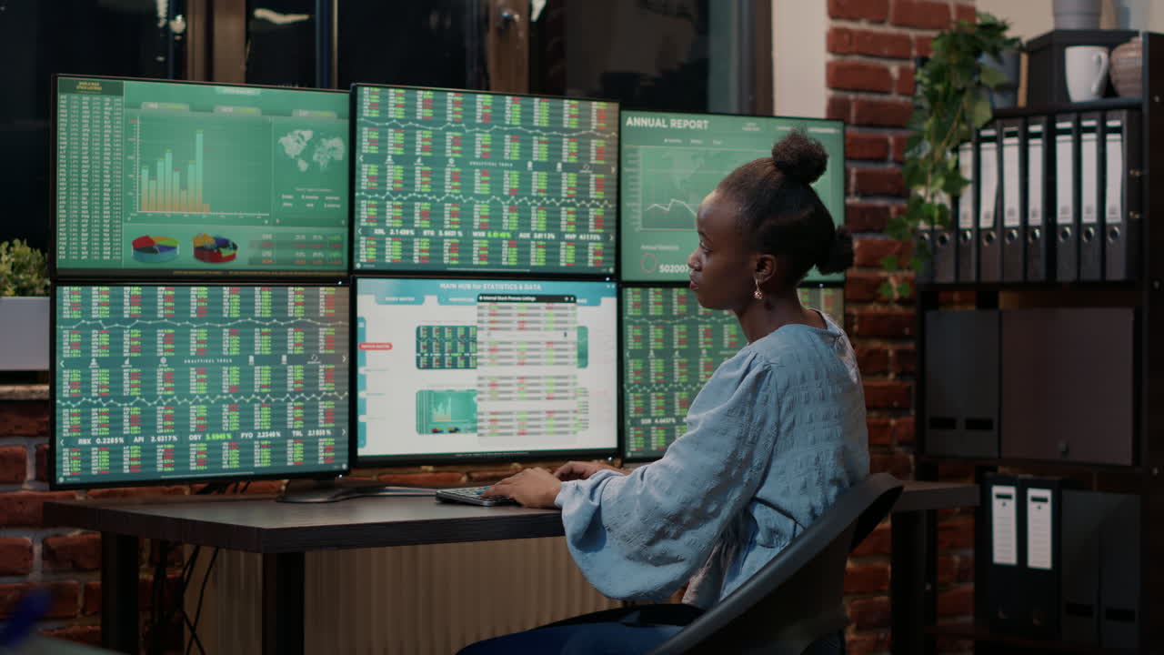 Fund trader working with real time stocks on multi monitors