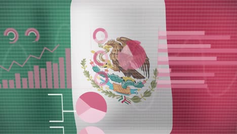 Animation-of-statistics-and-data-processing-over-waving-flag-of-mexico