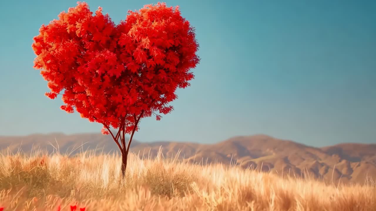 сердцеобразное дерево в середине поля красных цветов