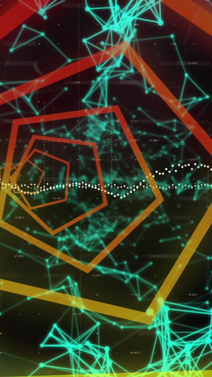 Animation of looping hexagons forming tunnel over connected dots against abstract background