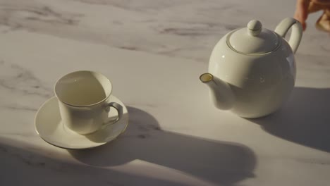 fotografía de estudio de una persona haciendo y una taza tradicional británica de té usando una tetera 1