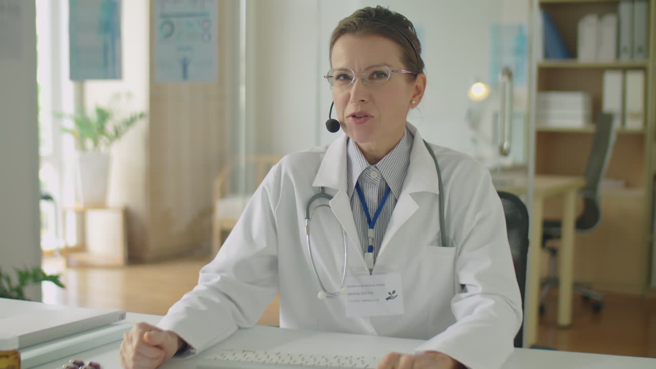 Female Doctor Speaking on Camera during Online Consultation