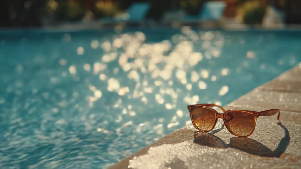 Eine entspannende Sommerszene mit stilvollen Sonnenbrillen, die an einem sonnenbeschienenen Poolrand liegen und die Essenz von Freizeit und Outdoor-Vergnügen in einer erfrischenden Atmosphäre einfangen.