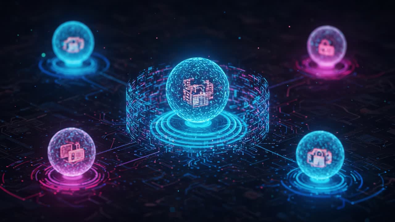 A Futuristic Digital Network Showcasing Glowing Spheres Connected by Pulsating Lines, Illustrating the Concept of Virtual Information Exchange and Data Visualization