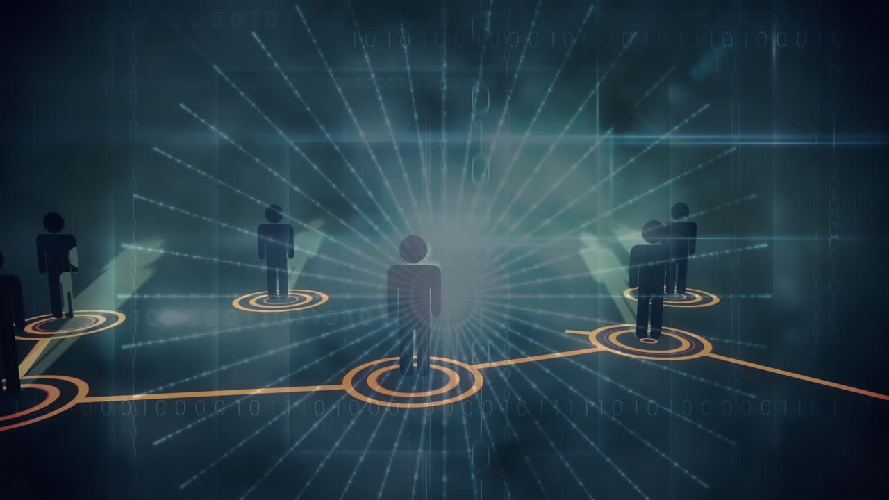 검은색 배경에 빛의 흔적에 대한 사업가 네트워크 아이콘의 디지털 애니메이션