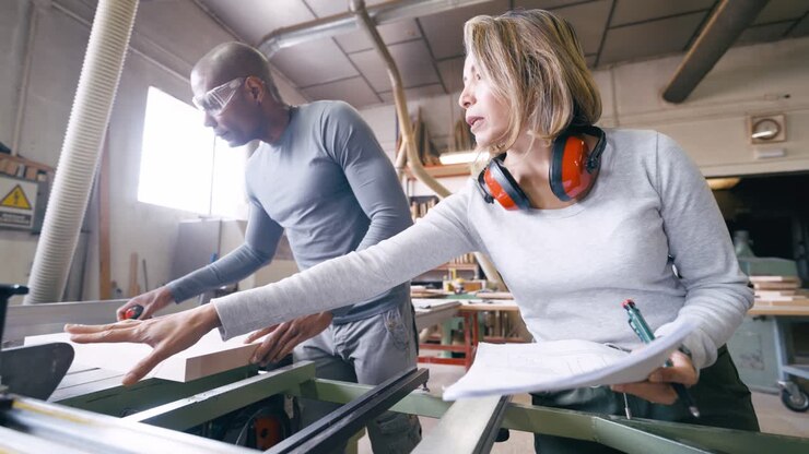 Falegnami che discutono piani di lavorazione del legno in un'officina professionale