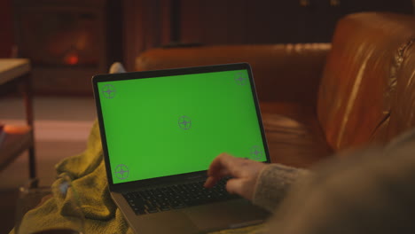 Woman-At-Home-Sitting-On-Sofa-With-Fire-With-Green-Screen-Laptop-Holding-Glass-Of-Wine