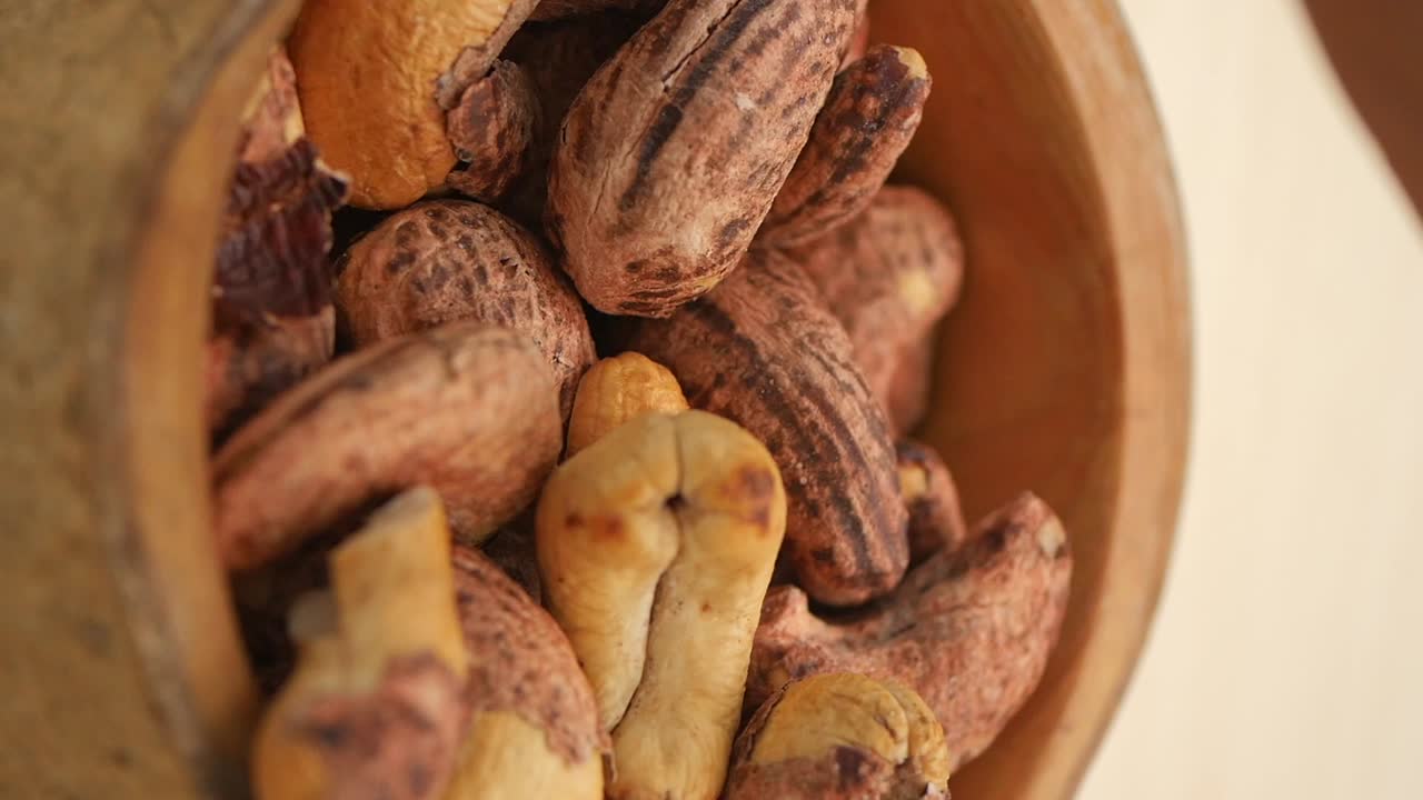 Close-up of Cashews in a Wooden Bowl