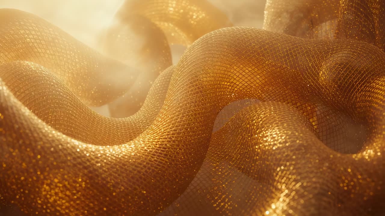 Golden mesh tubes rippling in backlit haze, showcasing shifting highlights and glowing particles
