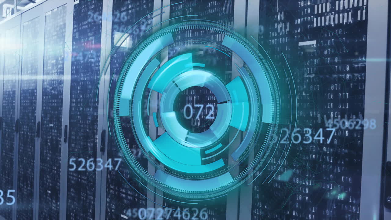 animación del procesamiento de datos con escaneo de alcance sobre la sala del servidor