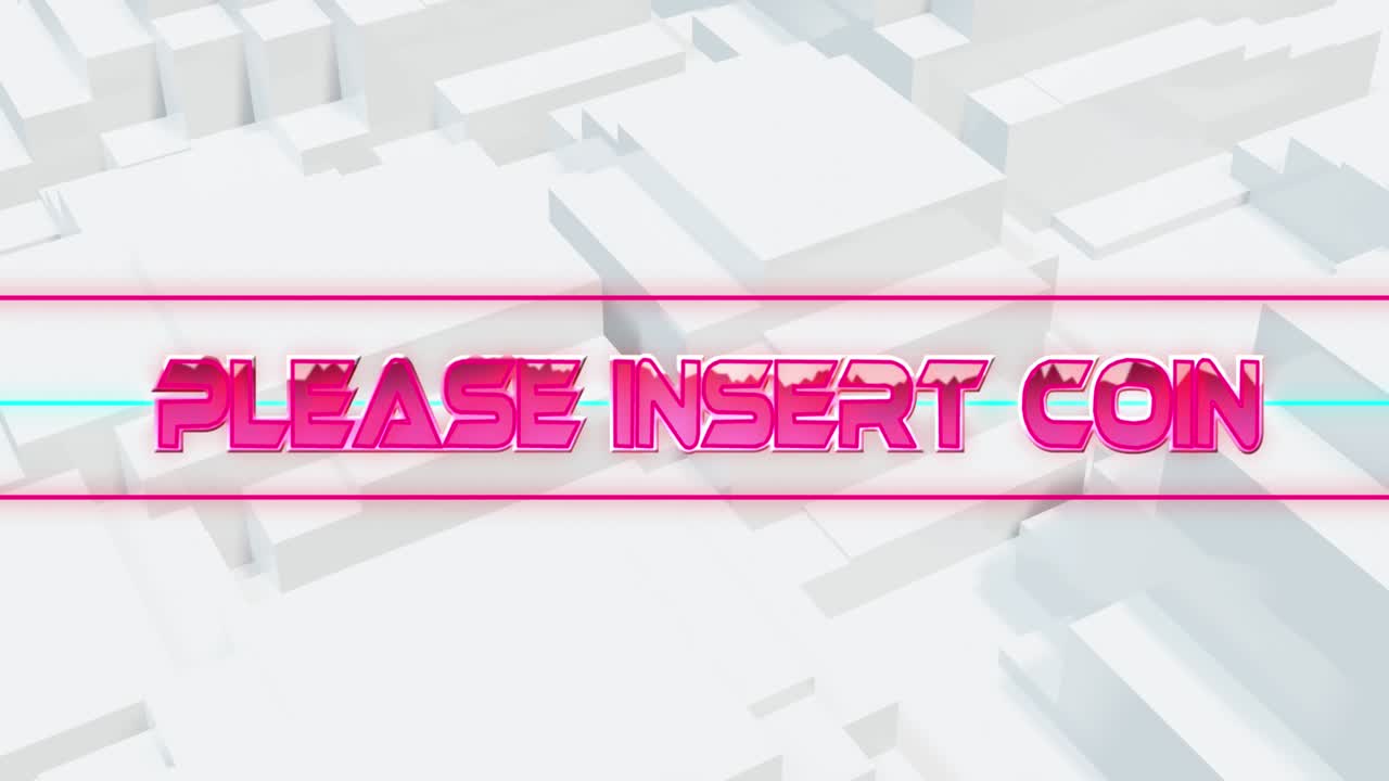 Animation of please insert coin text banner against 3d concentric shapes in seamless pattern