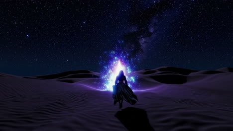 woman walking through a glowing portal in a desert at night