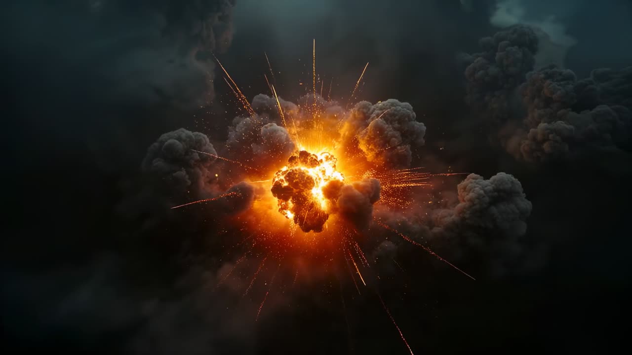 Flaring core starting fireball in dark sky, forming lobes, sending streaks and embers into smoke