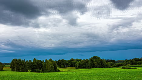 Pradera-Verde-Con-árboles-Y-Cielo-Azul-Nublado,-Paisaje-Rural-Cinematográfico