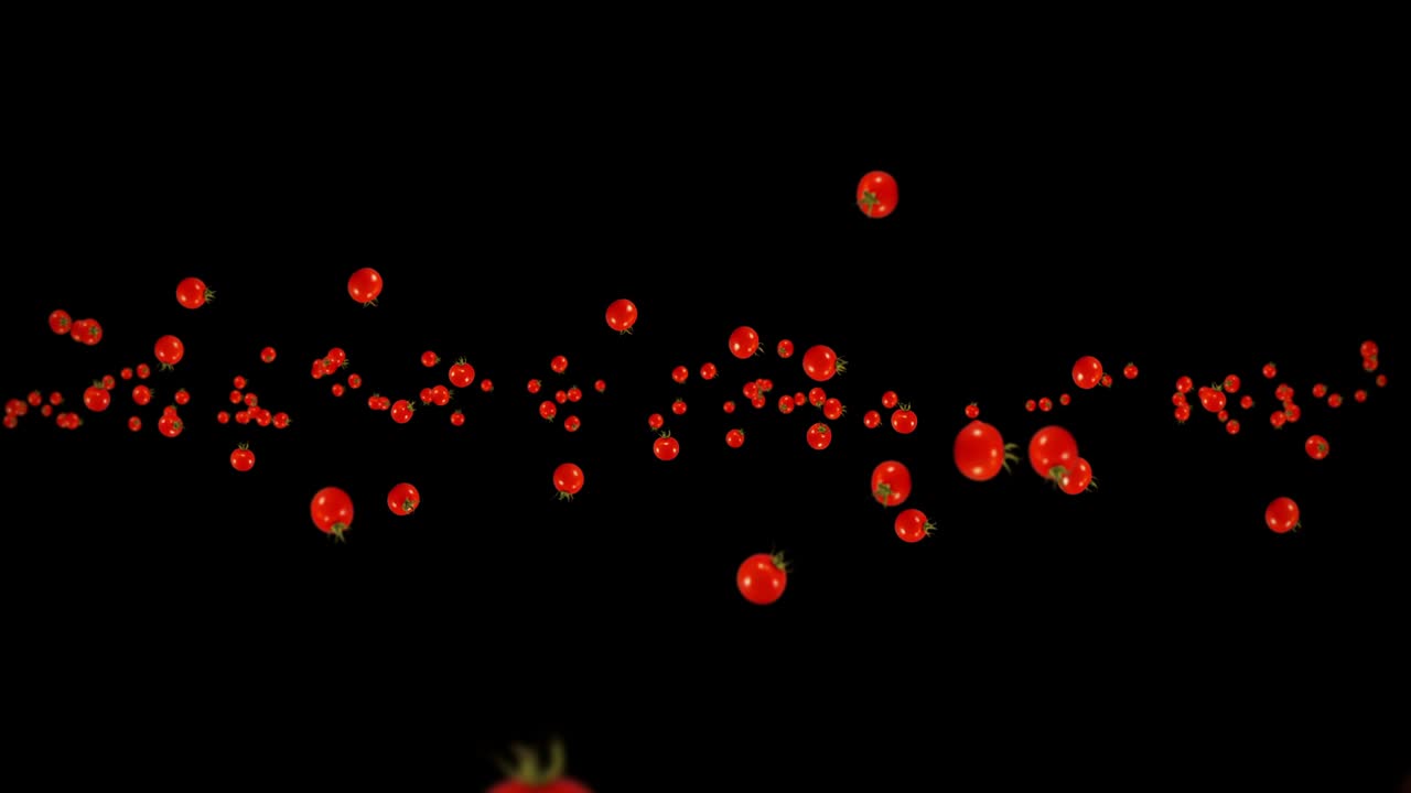 много свежих помидоров на черном фоне. органические овощи. зрелые сочные вишневые помидоры. 3d-анимация поворота помидоров.