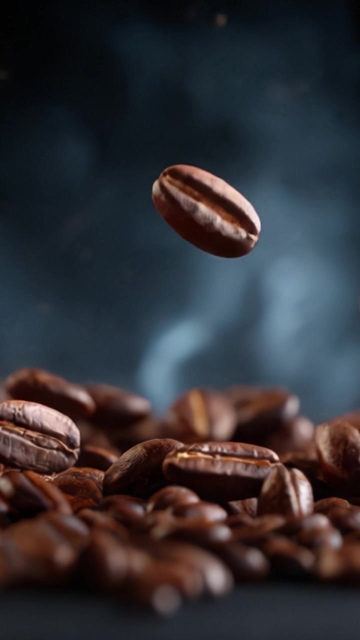 Kaffens kunst: Fængslende svævende bønner i bevægelse midt i faldende kaffegrums og fortryllende aromaer fanget i fantastisk detalje og klarhed.