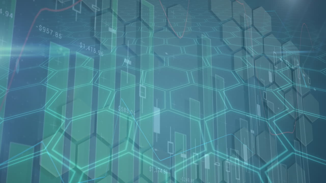 animación del procesamiento de datos financieros a través de una red de hexágonos.