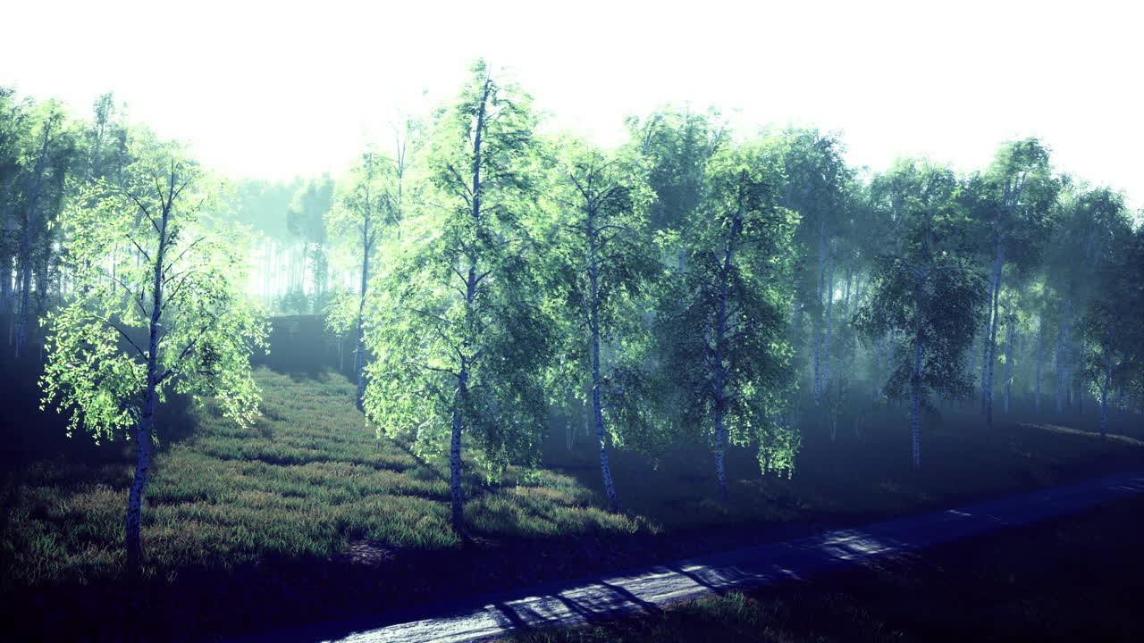 Morning light dances through lush trees in an enchanting forest setting