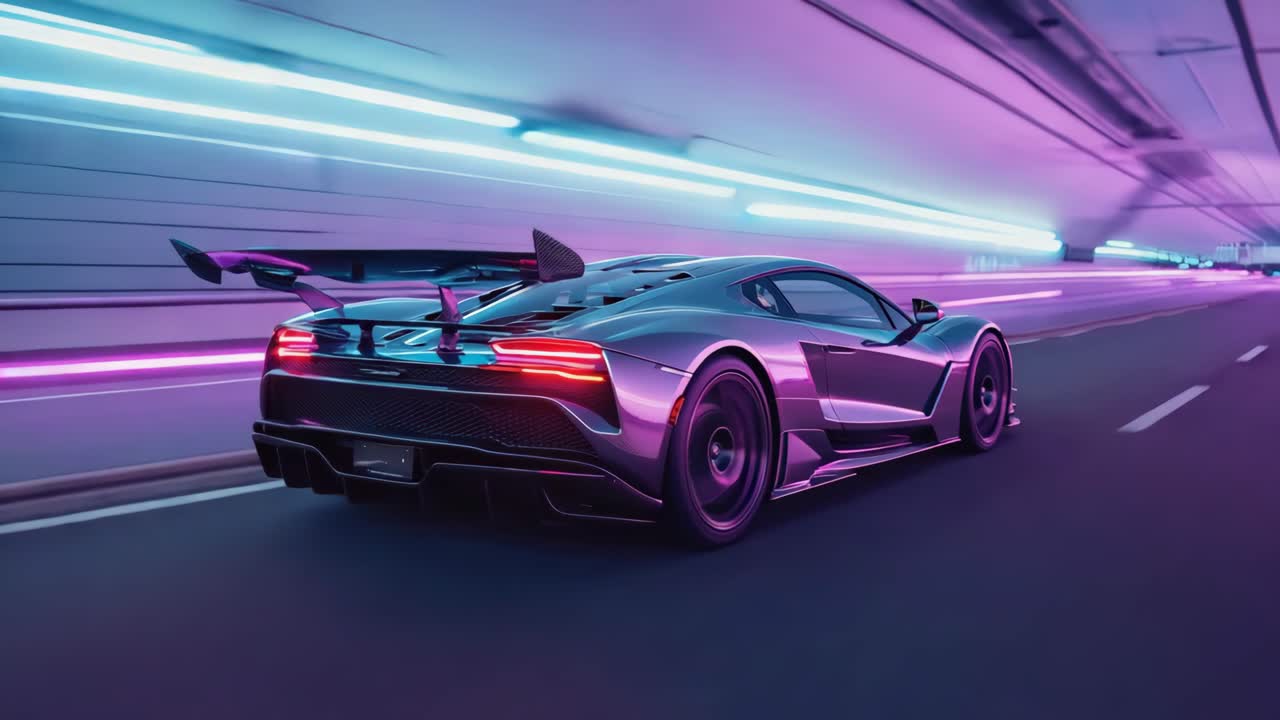 Futuristic Supercar Driving Through a Neon-Lit Tunnel