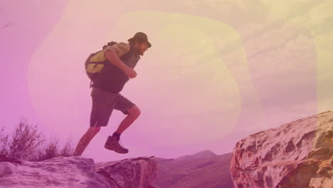male hiker jumping rocky canyon gap, with animated technology chart showing elevation data insight