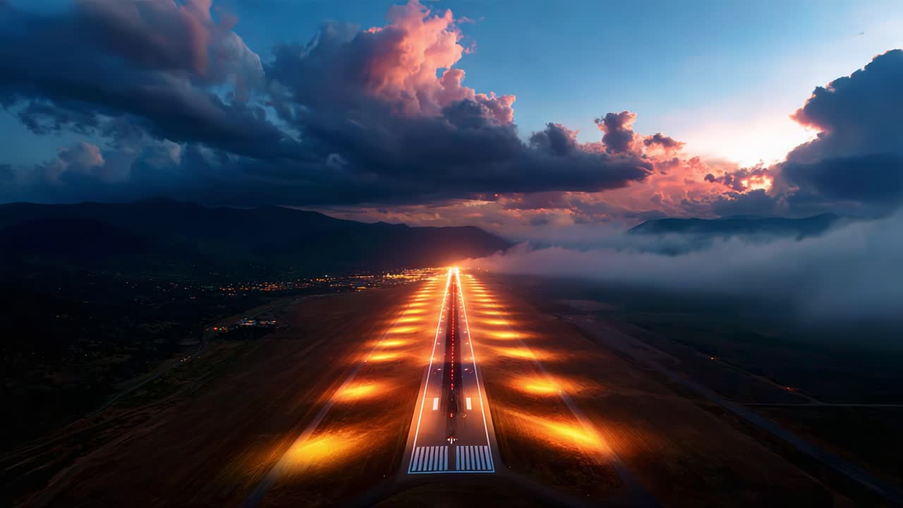 Stunning Aerial View of a Dramatically Lit Runway at Dusk, Showcasing the Beautiful Contrast of Clouds and Smooth Surface Glimmering with Neon Lights