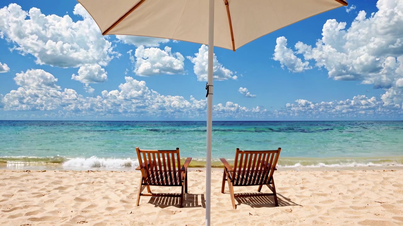 Due sedie a sdraio in legno sotto un ombrellone su una spiaggia tropicale