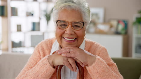 portrait of a smiling elderly woman with a walking cane