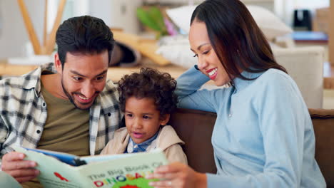father, mother and happy child reading books