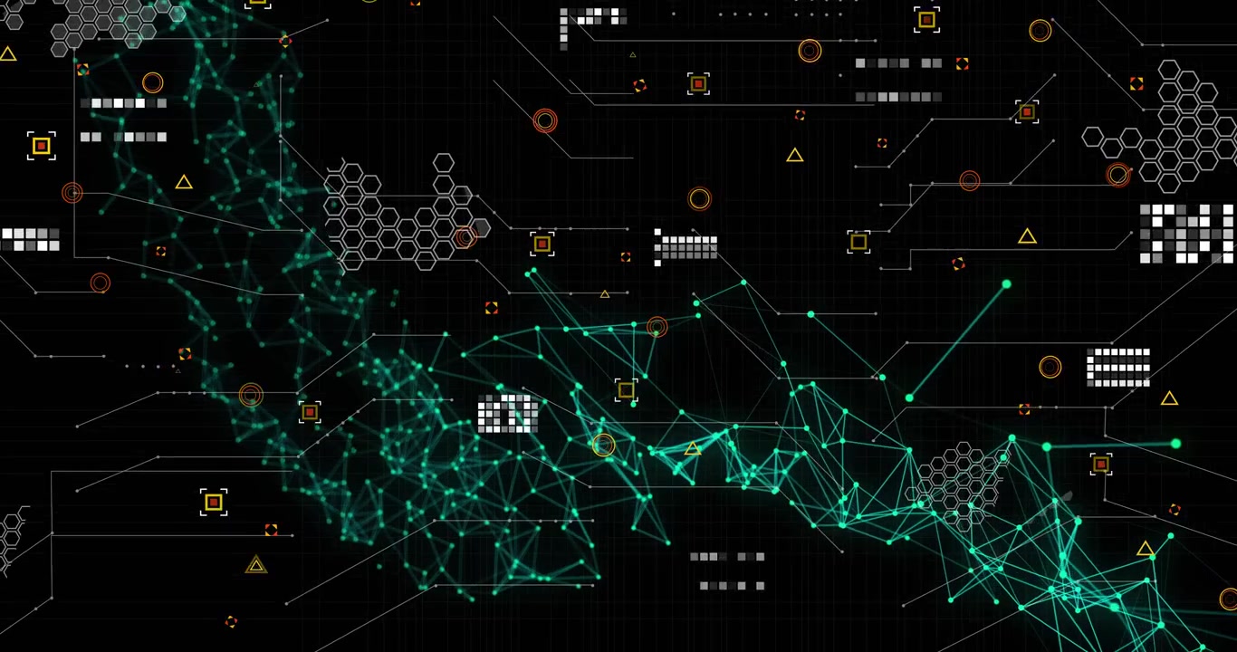 Teal node ribbon appearing left and pulsing, forming mesh with hex clusters, visualizing data flow